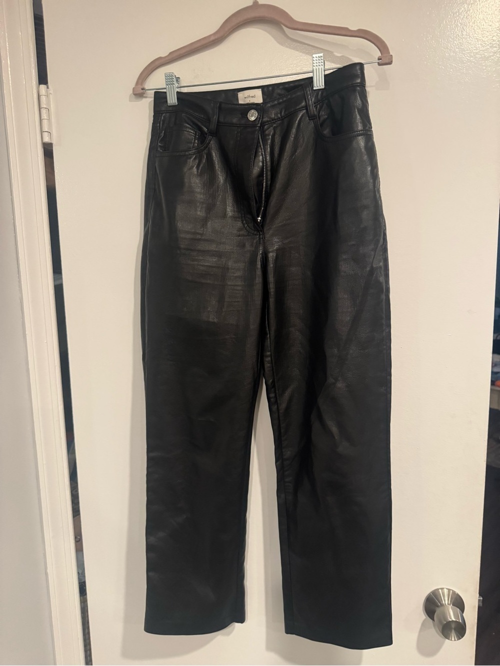 Wilfred by Aritzia Black Straight Leg Leather Pants Women's Size 6 High Rise